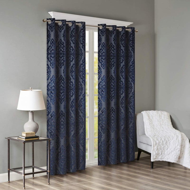 SUNSMART Sun Smart Mirage 100% Total Blackout Window Single Curtain, Knitted Jacquard Damask Room Darkening Curtain Panel with Grommet Top 50 x 84 in, Navy - Image 2